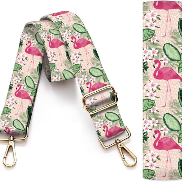 Trendy 3.8cm Wide Adjustable Crossbody Strap with Gold Buckle & Flamingo Design - Picture 1 of 5